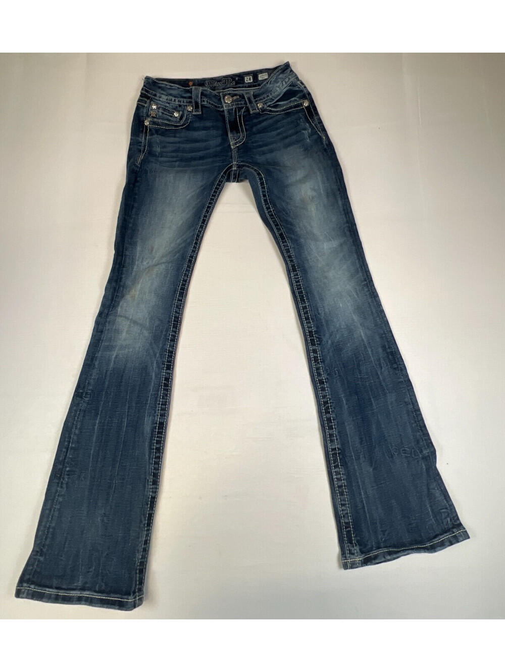 Miss Me Women 28 Signature Boot Dark Blue Denim Jeans Embellished Flap Pockets